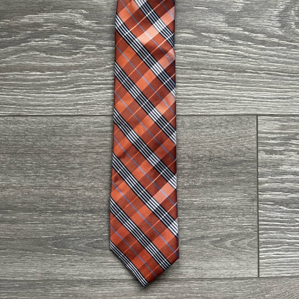 Tommy Hilfiger Orange Navy Plaid 100% Silk Neck Tie Work Business Career 60”x 3”